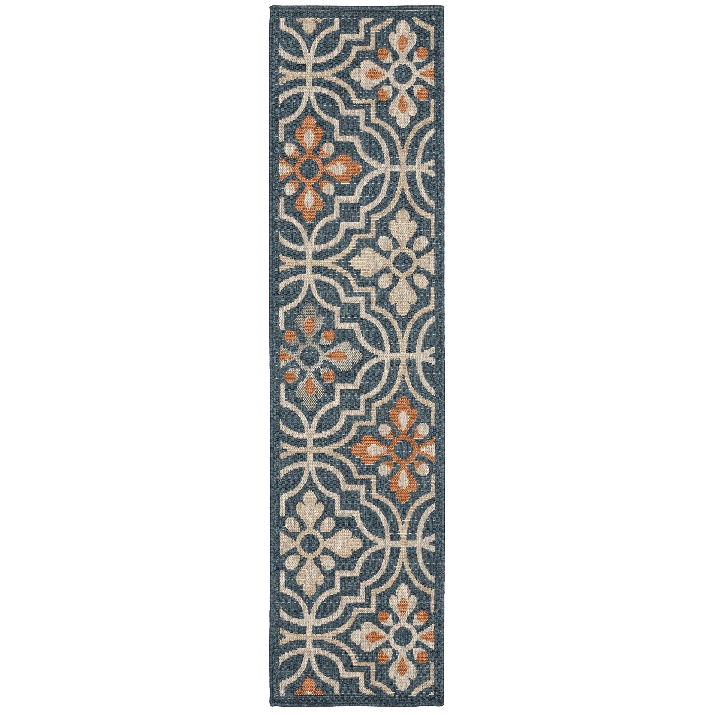 8' Blue Orange Floral Lattice Indoor Outdoor Runner Rug