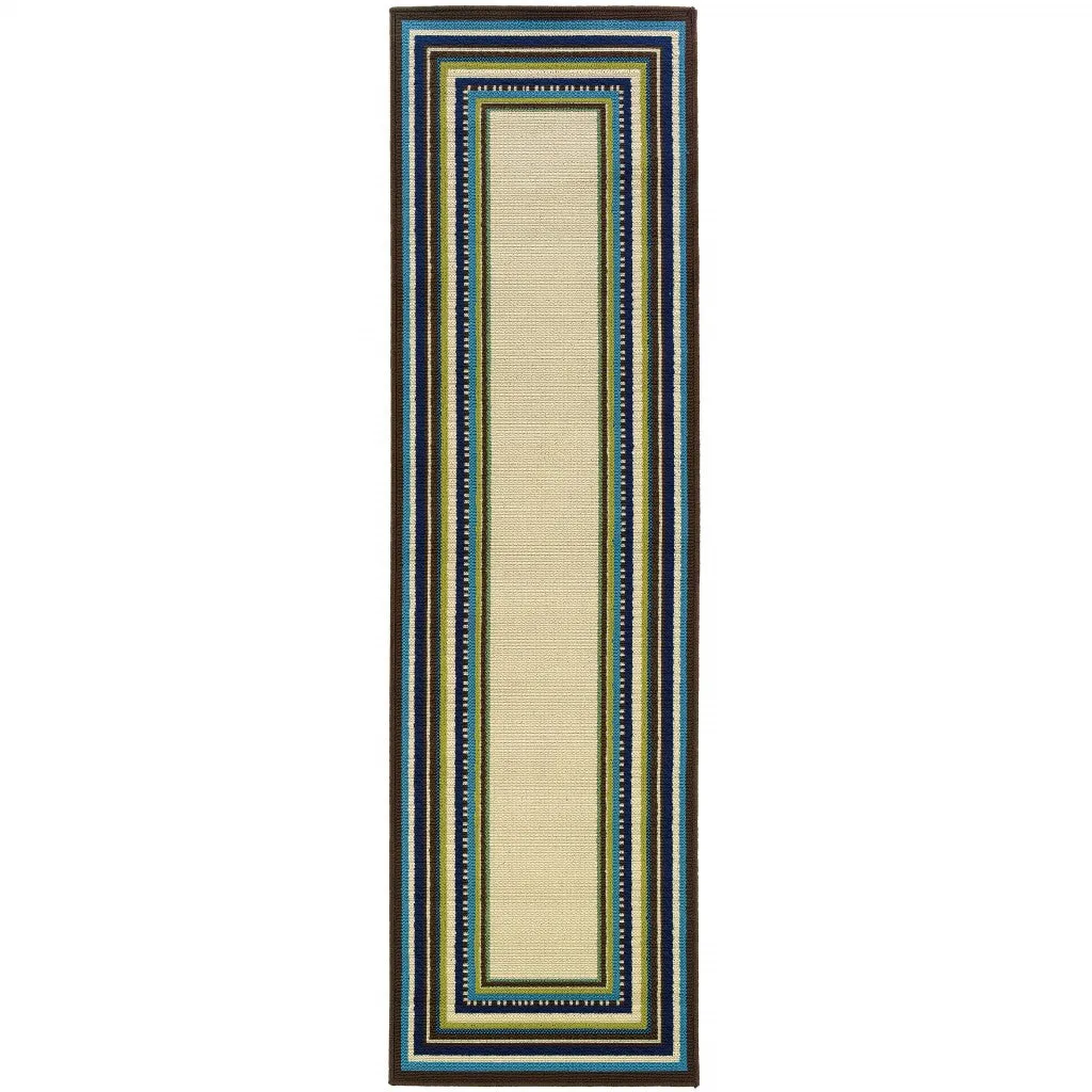 8' Ivory Mediterranean Blue and Lime Border Indoor Outdoor Runner Rug