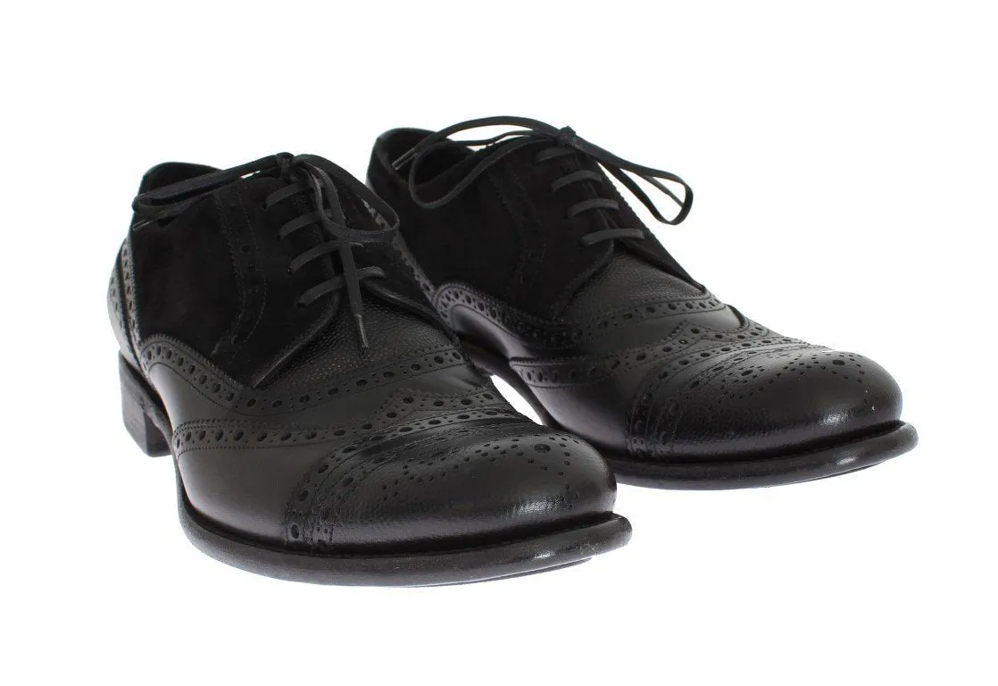 Black Gray Leather Oxford Wingtip Shoes