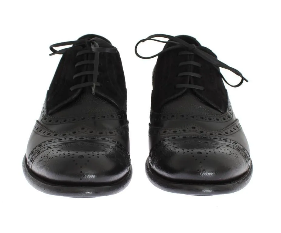 Black Gray Leather Oxford Wingtip Shoes