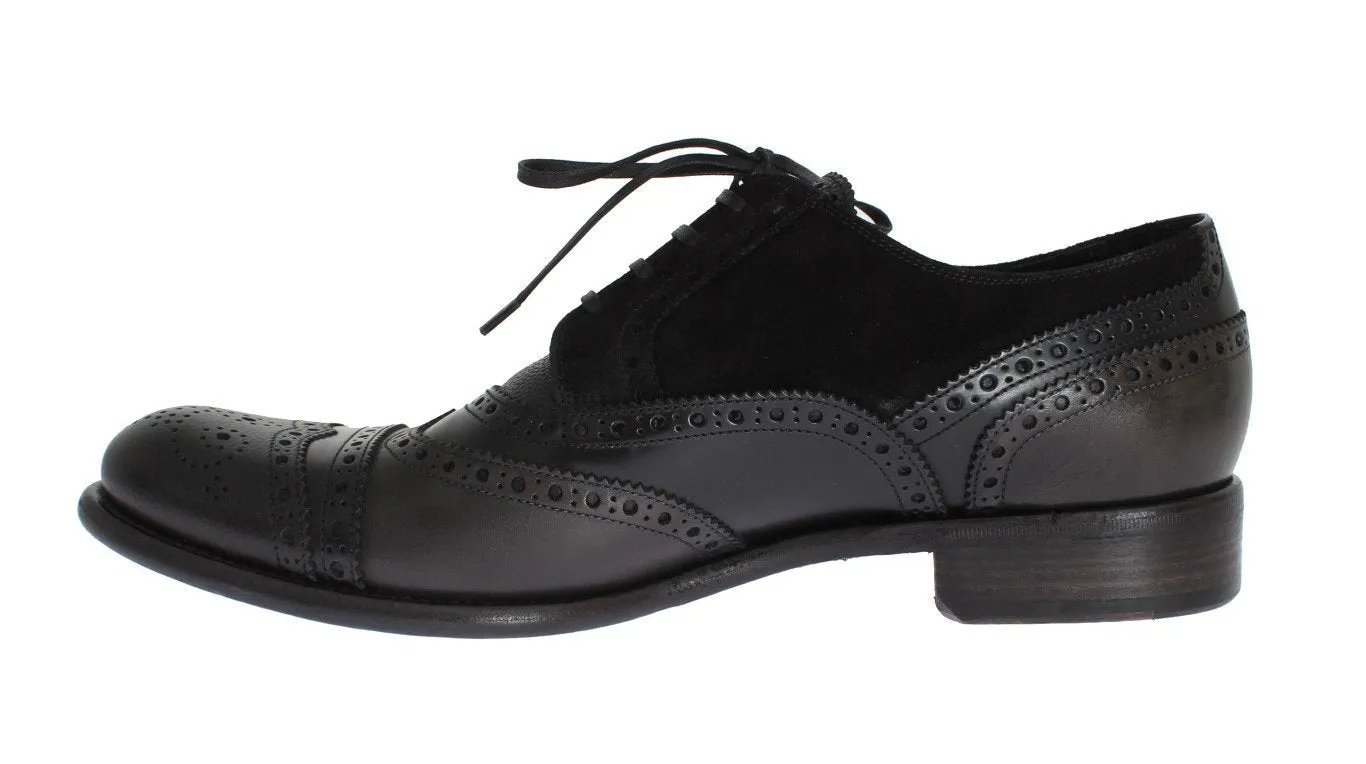 Black Gray Leather Oxford Wingtip Shoes