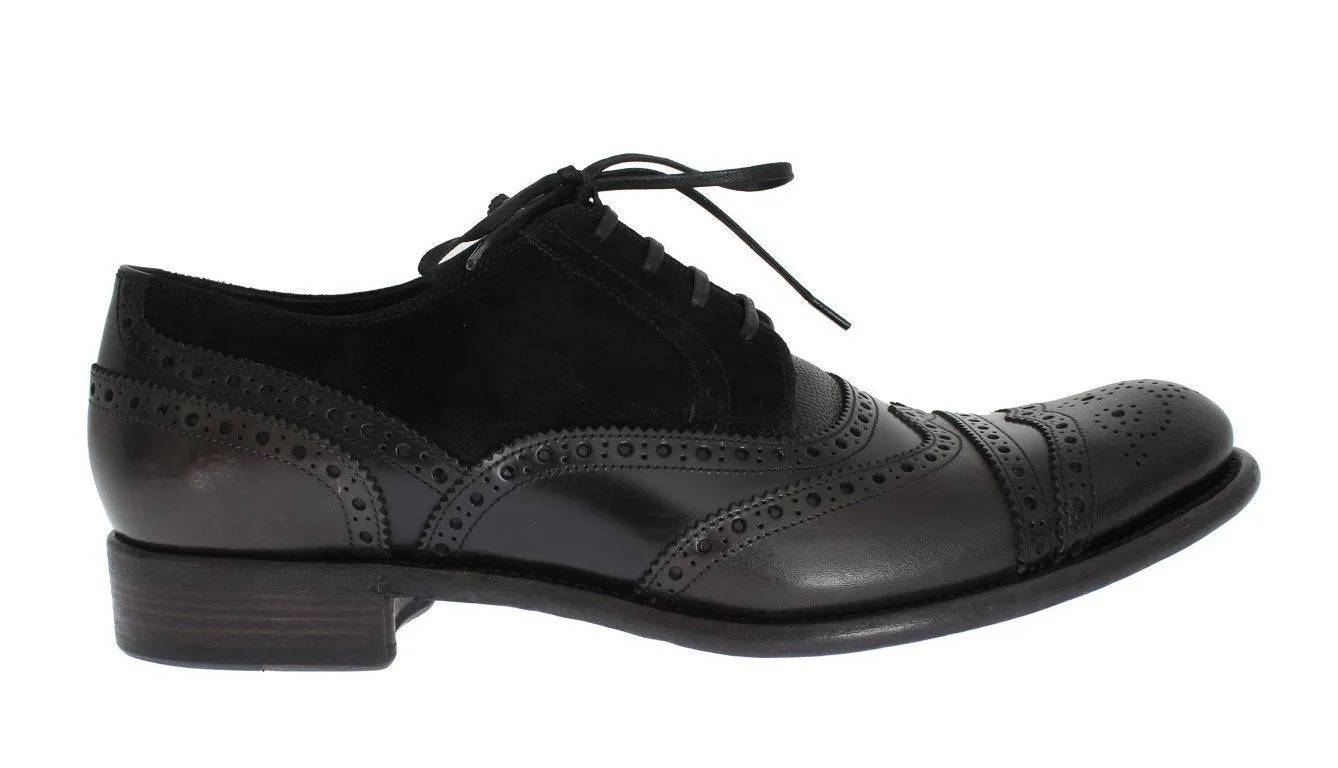 Black Gray Leather Oxford Wingtip Shoes