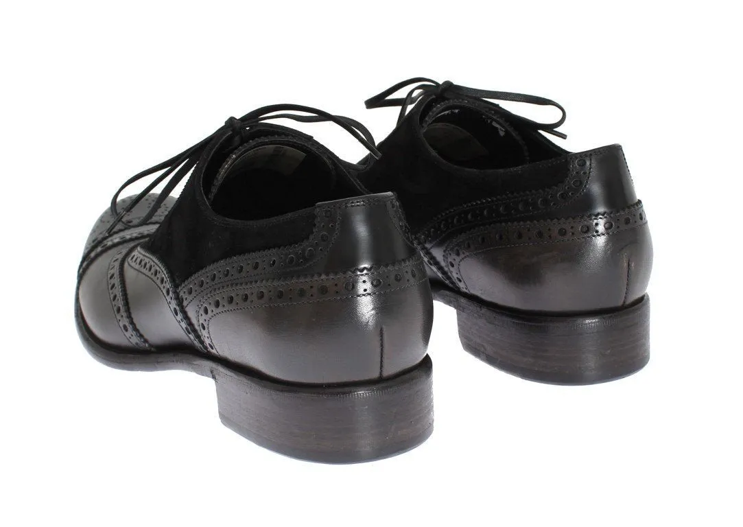 Black Gray Leather Oxford Wingtip Shoes