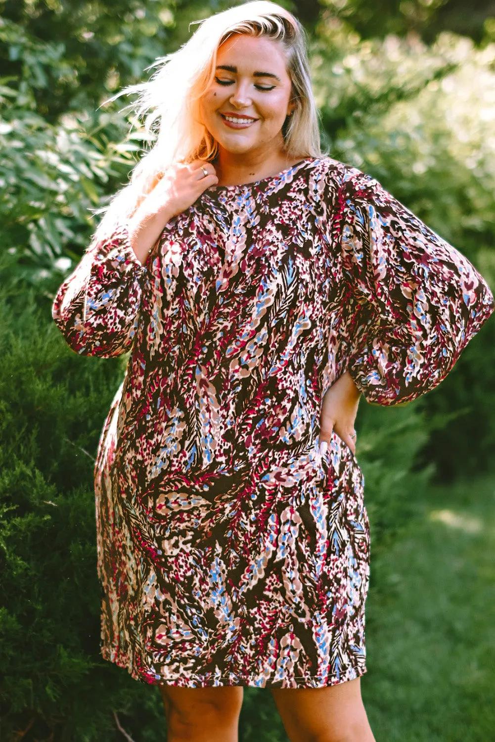 Blackish Plant Print Balloon Sleeve Curvy Dress