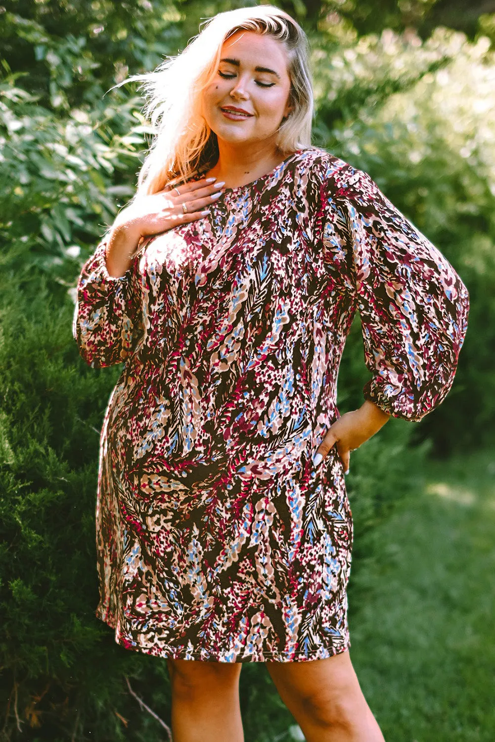 Blackish Plant Print Balloon Sleeve Curvy Dress