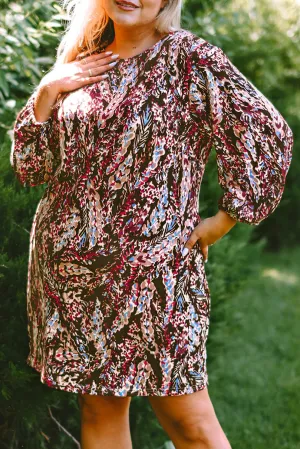 Blackish Plant Print Balloon Sleeve Curvy Dress