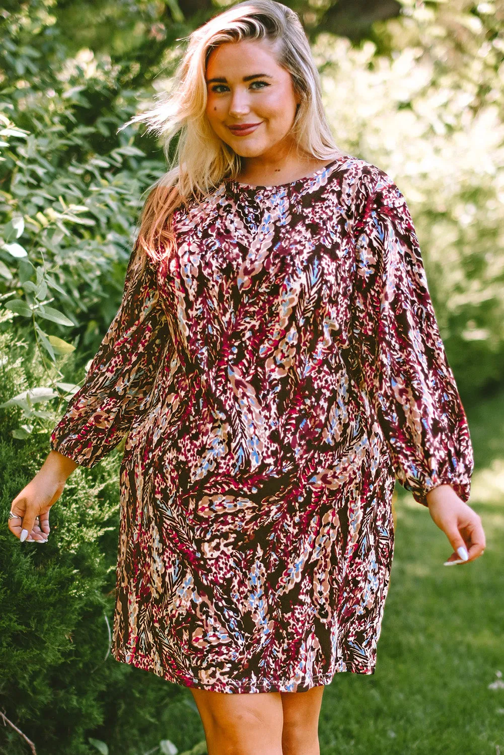 Blackish Plant Print Balloon Sleeve Curvy Dress