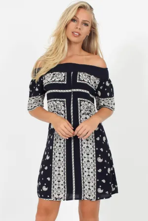 Blue Paisley Print Bardot Dress - Penny
