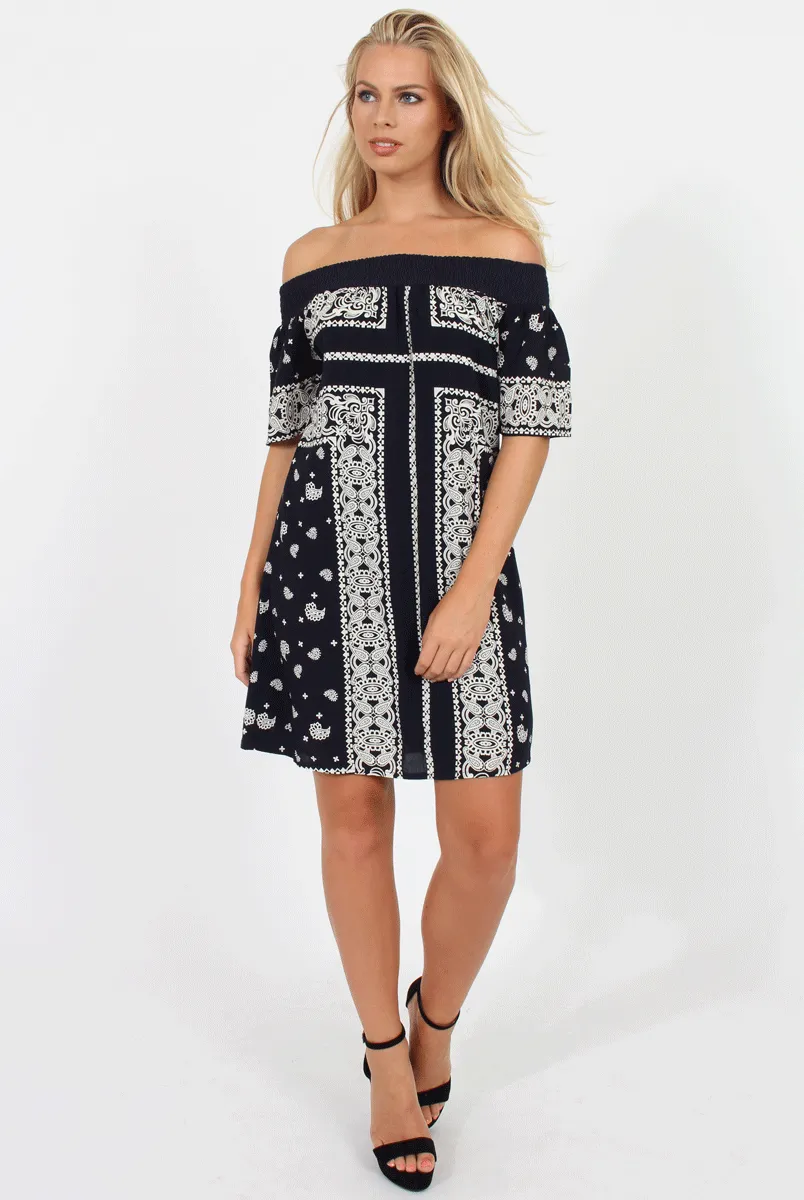 Blue Paisley Print Bardot Dress - Penny