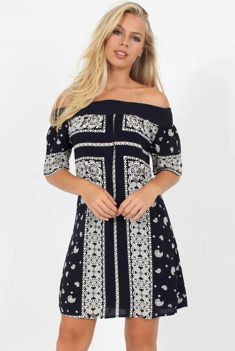 Blue Paisley Print Bardot Dress - Penny