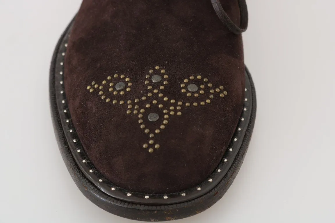 Brown Leather Wingtip Studded Derby Shoes