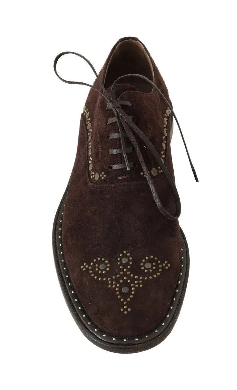Brown Leather Wingtip Studded Derby Shoes