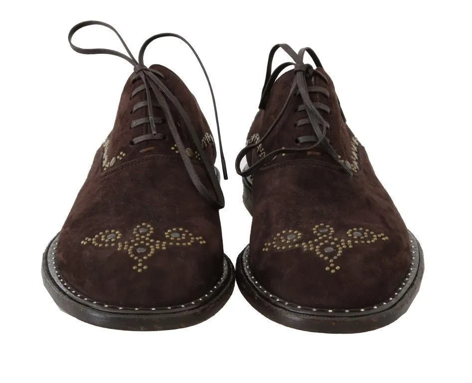 Brown Leather Wingtip Studded Derby Shoes