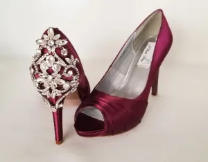 Burgundy Bridal Shoes Crystal Back Design