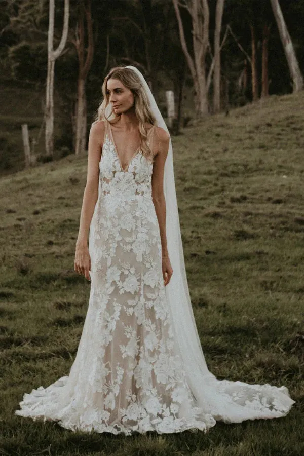 Chic Sheath Column V Neck Floral Lace Rustic Wedding Dress Bridal Gown TN372