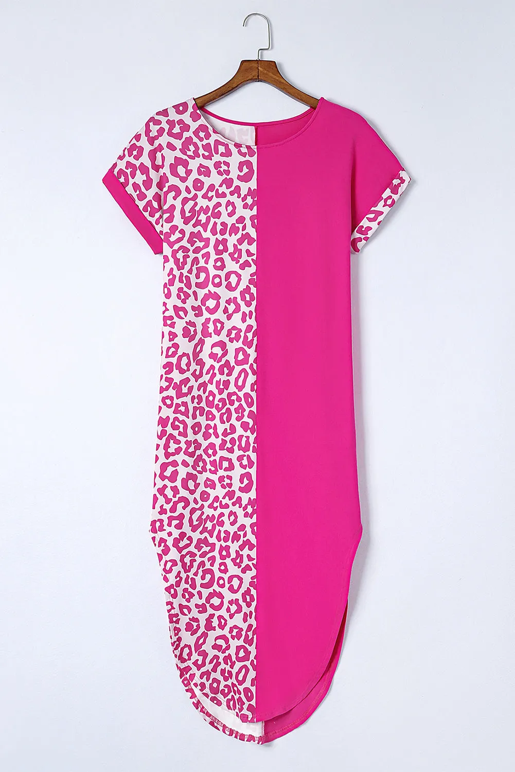 Contrast Solid Leopard Short Sleeve T-shirt Dress with Slits