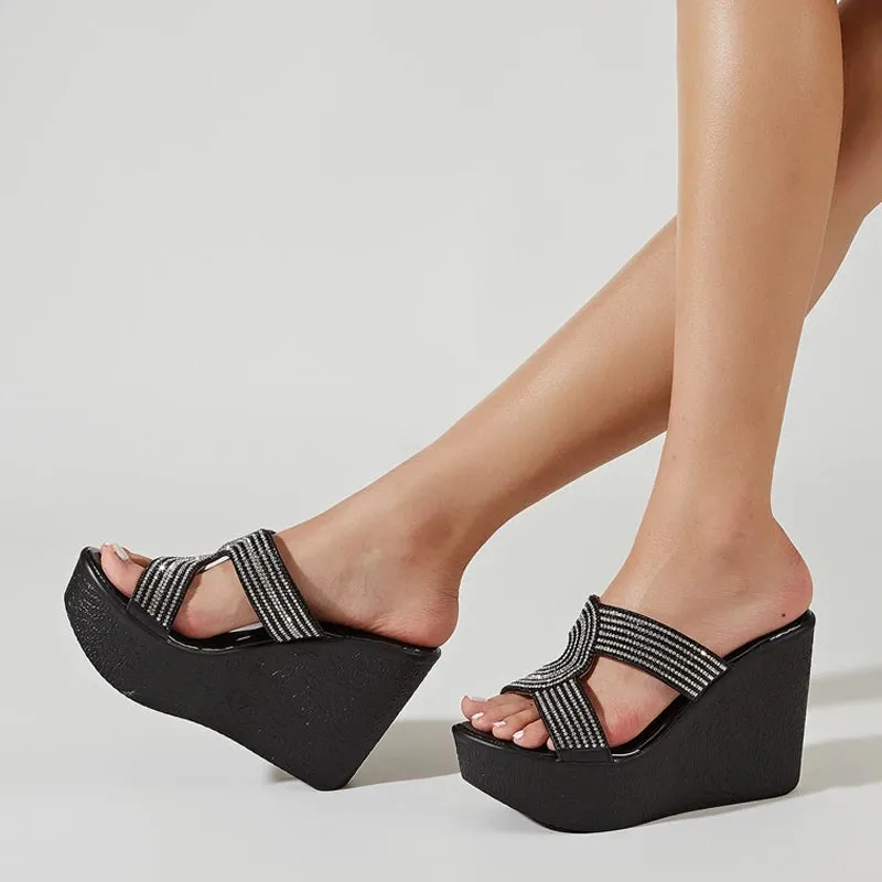 Crystal Rhinestones Women Platform Wedge Slippers Sandals