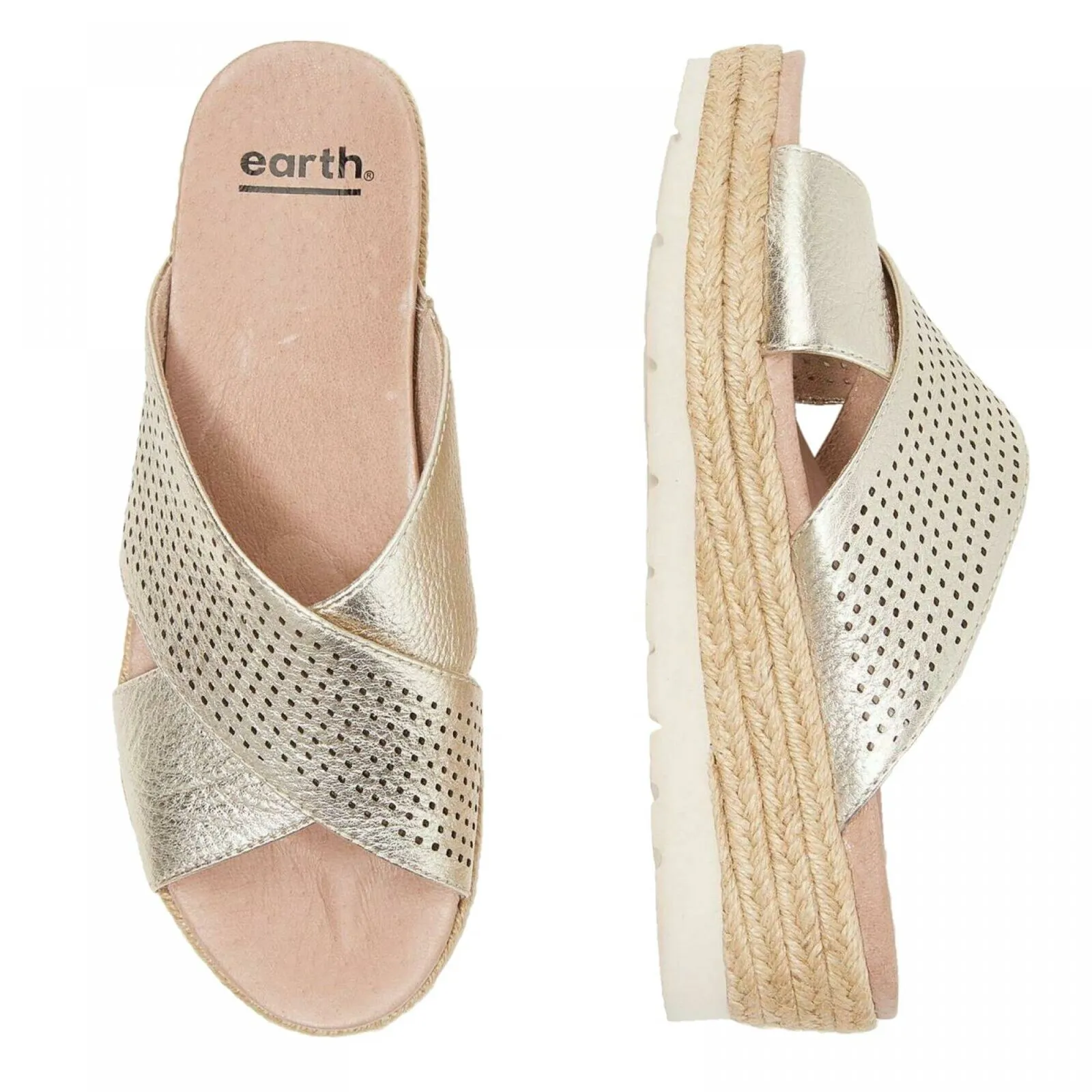 Earth Modena Marigold Leather Perforated Cross Strap Slides Gold 8M