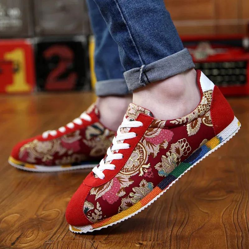 Fashion Graffiti Printed Men Suede Sneakers Red Running Shoes