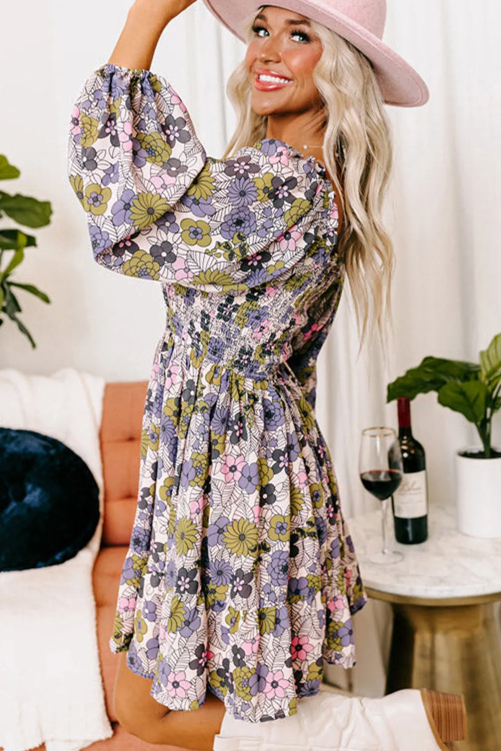 Floral Smocked Bust Square Neck Ruffled Dress