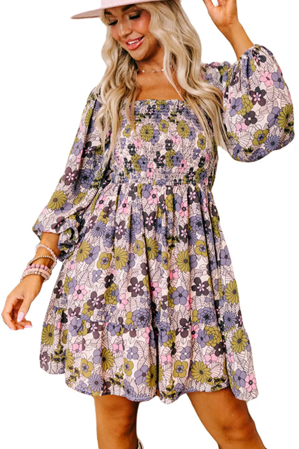Floral Smocked Bust Square Neck Ruffled Dress