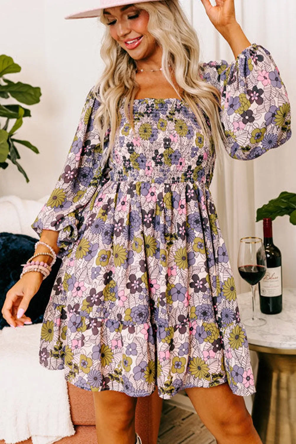 Floral Smocked Bust Square Neck Ruffled Dress