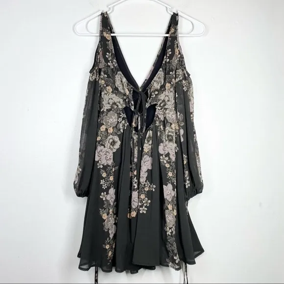 FREE PEOPLE Penny Lover Mini Dress Floral Cold Shoulder Grey Pink Black Sheer XS