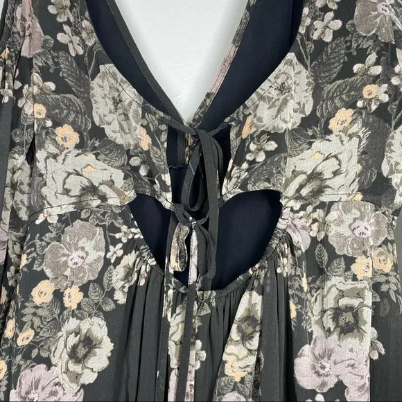 FREE PEOPLE Penny Lover Mini Dress Floral Cold Shoulder Grey Pink Black Sheer XS
