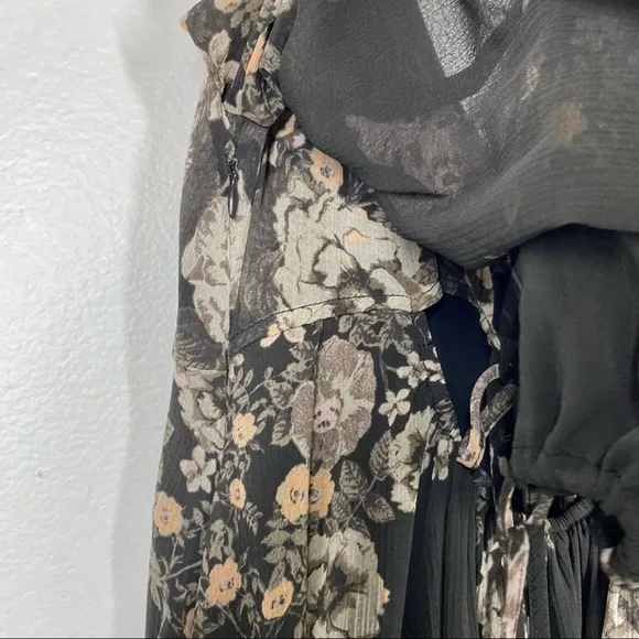 FREE PEOPLE Penny Lover Mini Dress Floral Cold Shoulder Grey Pink Black Sheer XS