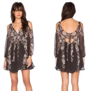 FREE PEOPLE Penny Lover Mini Dress Floral Cold Shoulder Grey Pink Black Sheer XS