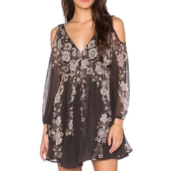 FREE PEOPLE Penny Lover Mini Dress Floral Cold Shoulder Grey Pink Black Sheer XS