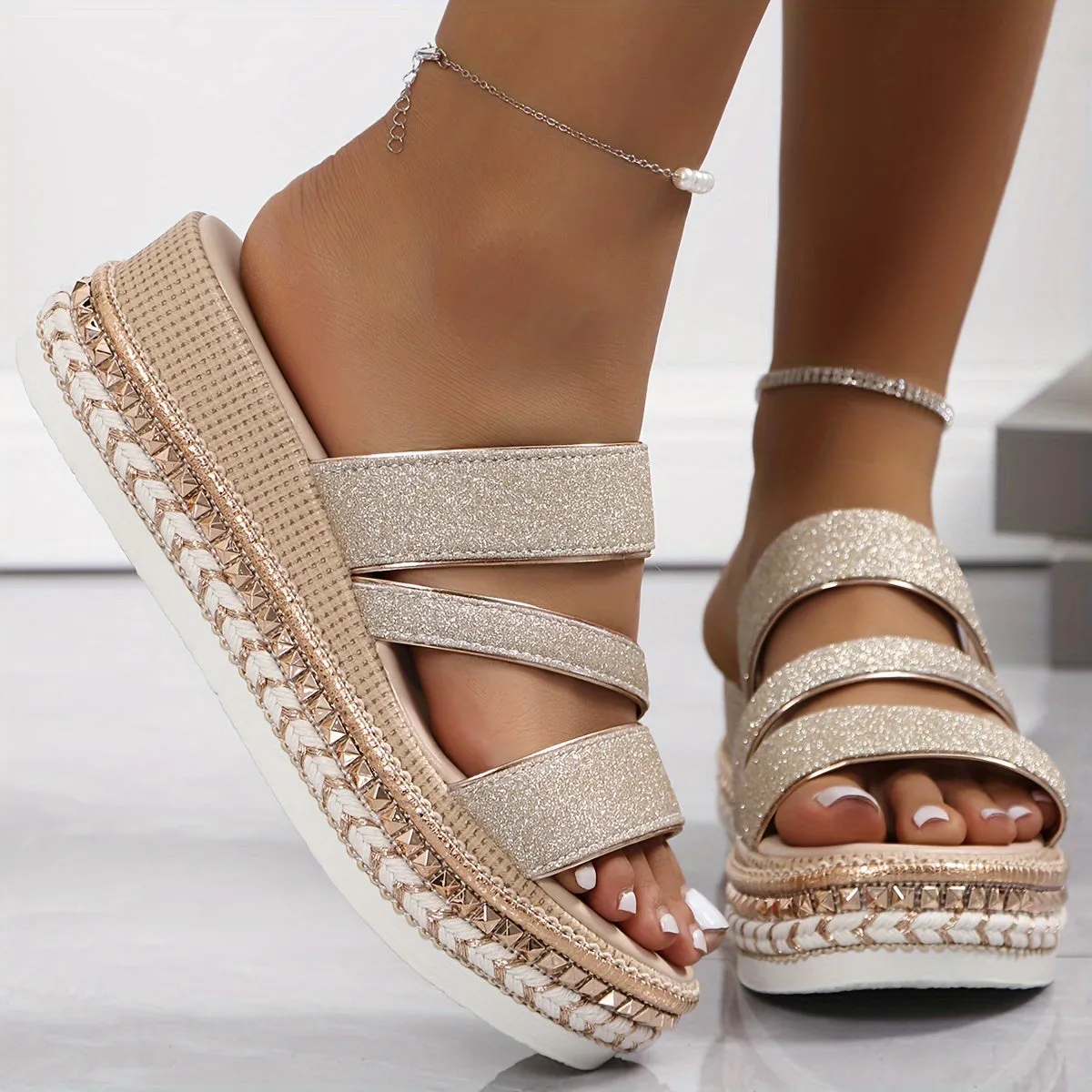Glitter Strap Platform Sandals with Espadrille Sole