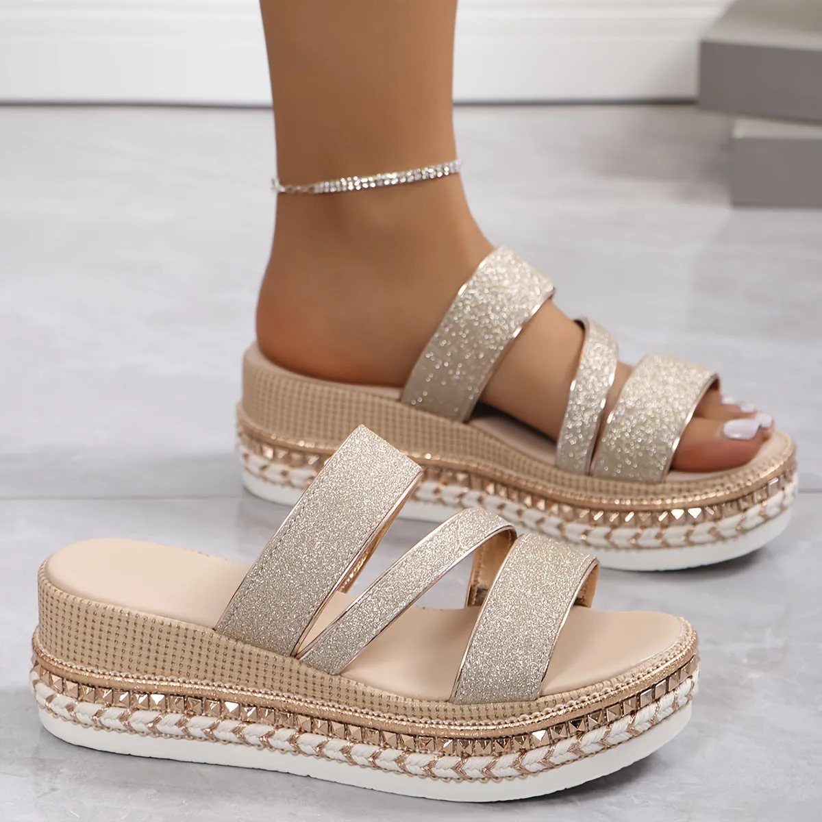 Glitter Strap Platform Sandals with Espadrille Sole