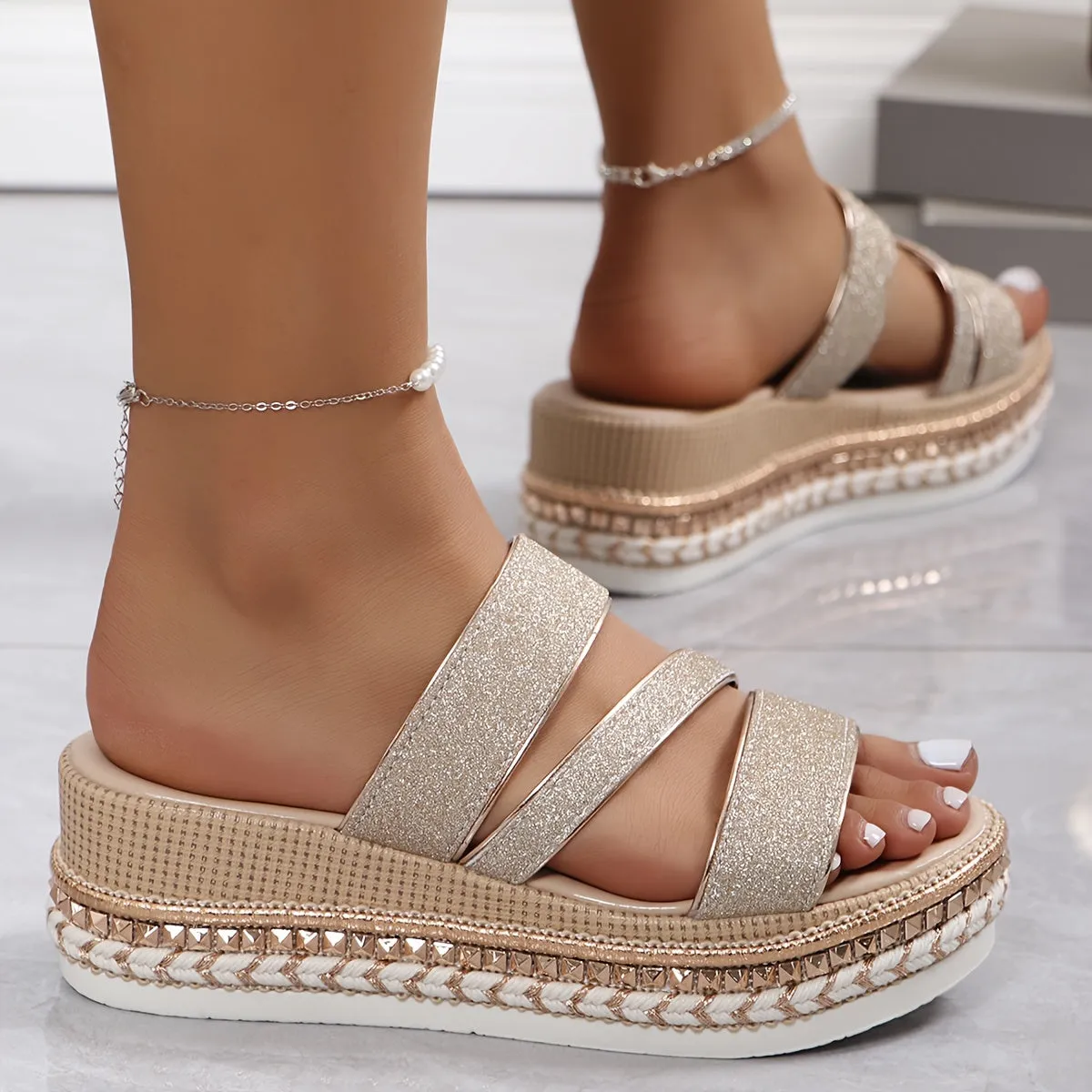 Glitter Strap Platform Sandals with Espadrille Sole