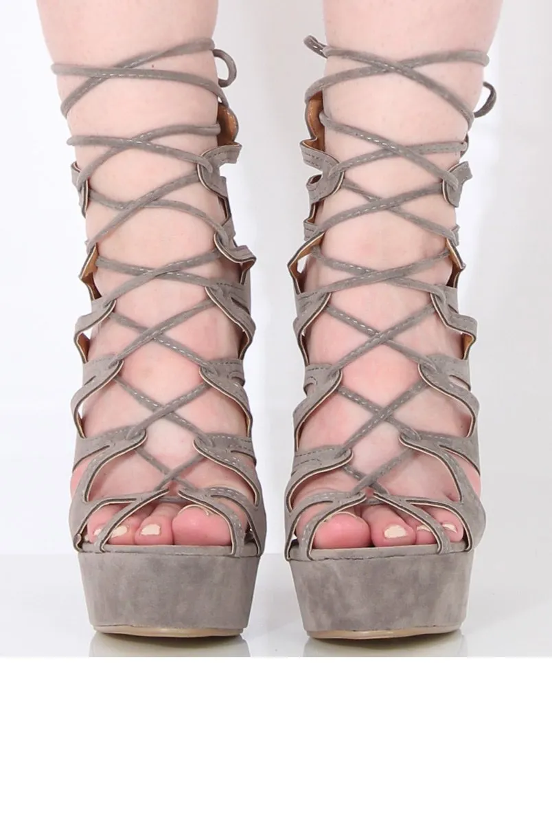 Grey Suede Lace Up Platform Heels - Katrina