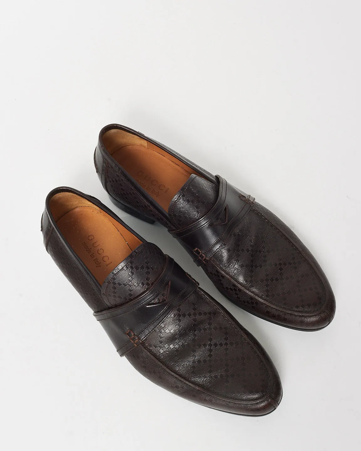 Gucci Brown Diamante Embossed Leather Penny Loafers - 7.5 MEN