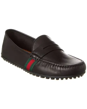 Gucci Men's Black Web Driver Leather Loafers