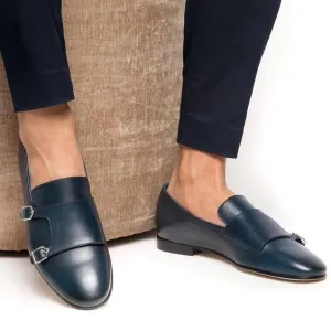 Handmade Navy Blue Round Toe Monk Shoes for Men