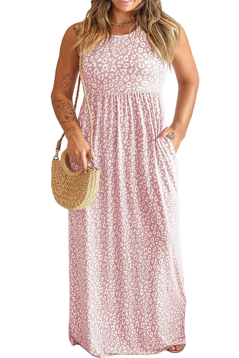 Leopard Print Pocketed Sleeveless Maxi Dress