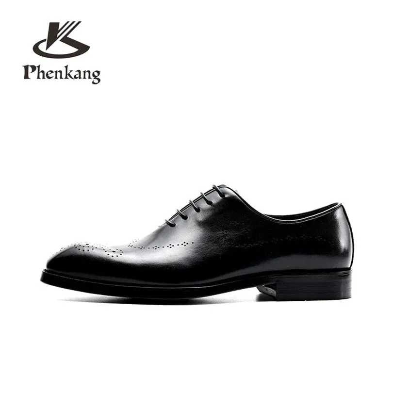 Men leather shoes business dress suit men brand Bullock genuine leather black lace up wedding mens shoes Phenkang 2020