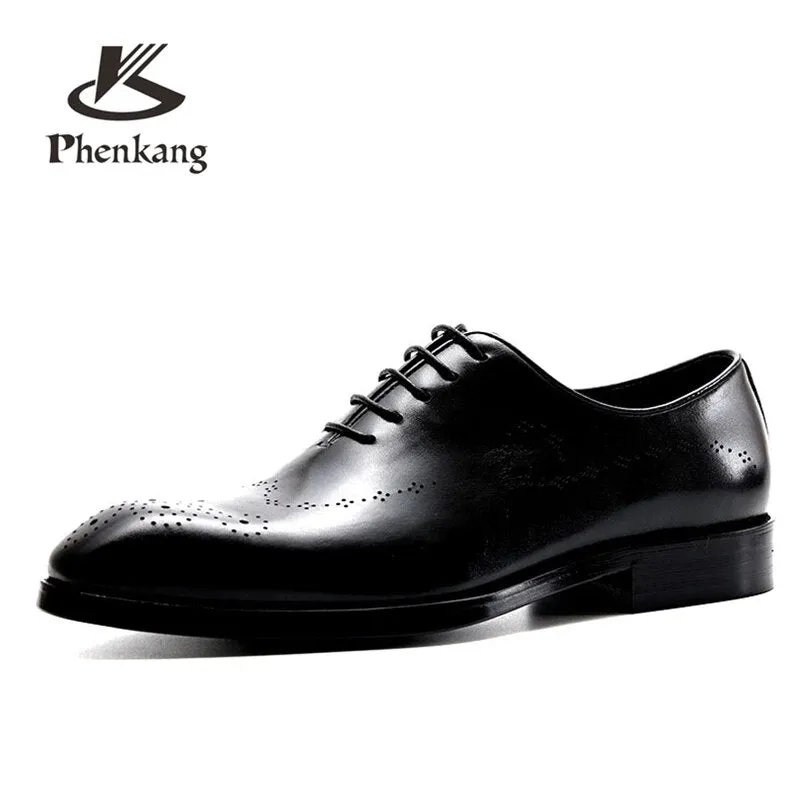 Men leather shoes business dress suit men brand Bullock genuine leather black lace up wedding mens shoes Phenkang 2020