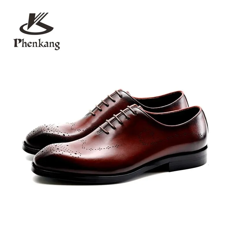 Men leather shoes business dress suit men brand Bullock genuine leather black lace up wedding mens shoes Phenkang 2020