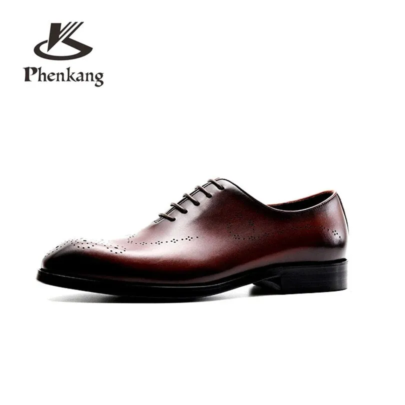 Men leather shoes business dress suit men brand Bullock genuine leather black lace up wedding mens shoes Phenkang 2020
