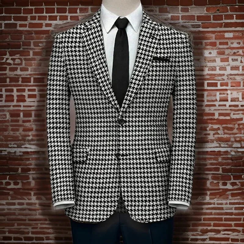 Men's Houndstooth Checkered Suit with Black Tie