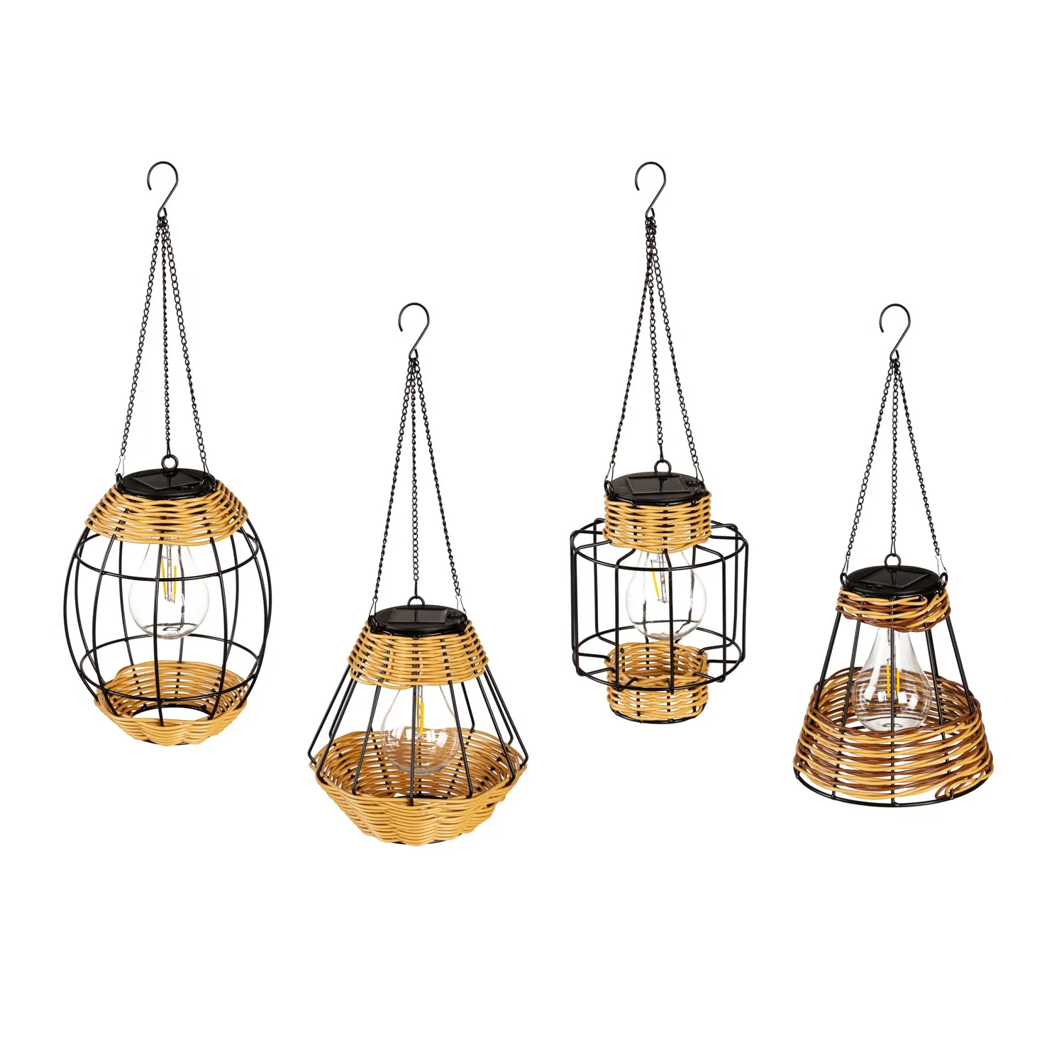 Metal & Rattan Hanging Solar Lantern- Triangle 4 Asst,2sp8157