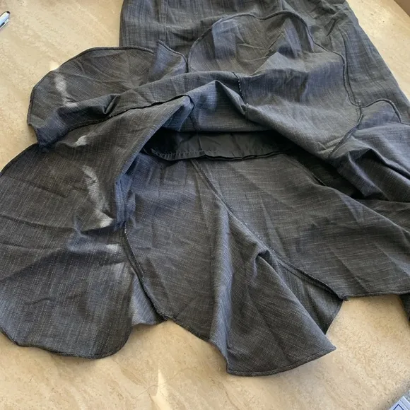 METROSTYE grey denim skirt, flared, mid calf, angled panels, side zip. 8 EUC
