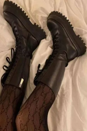 Mia Lace Up Mid Calf Chunky Platform Boots - Black