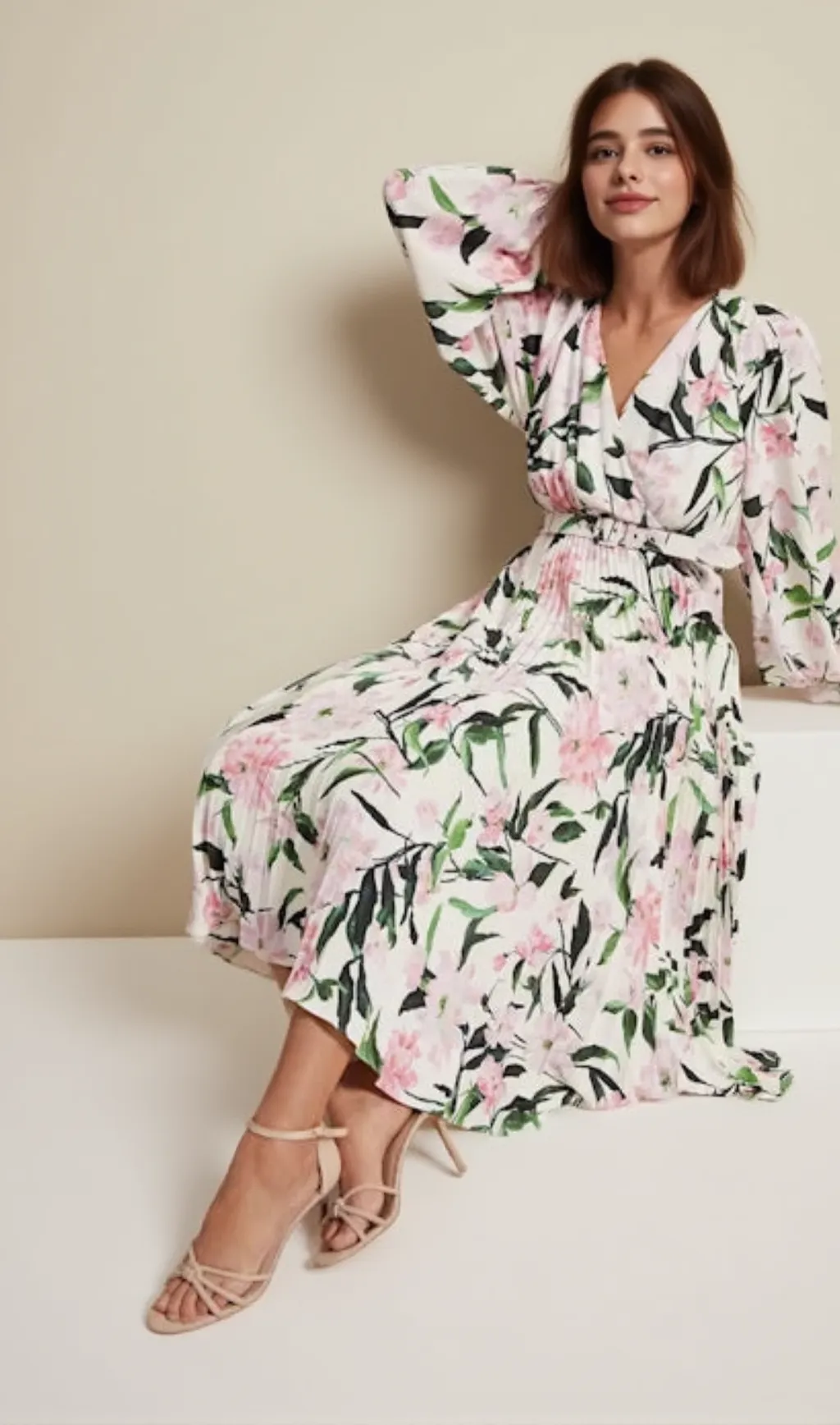 multi-coloured penny floral pleat midi dress