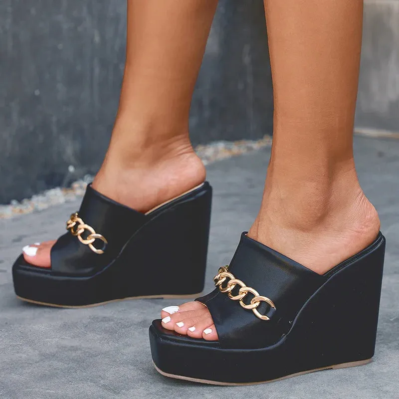 New Leather Red Platform Wedges Slippers Summer Peep Toe Sexy Super High Heels