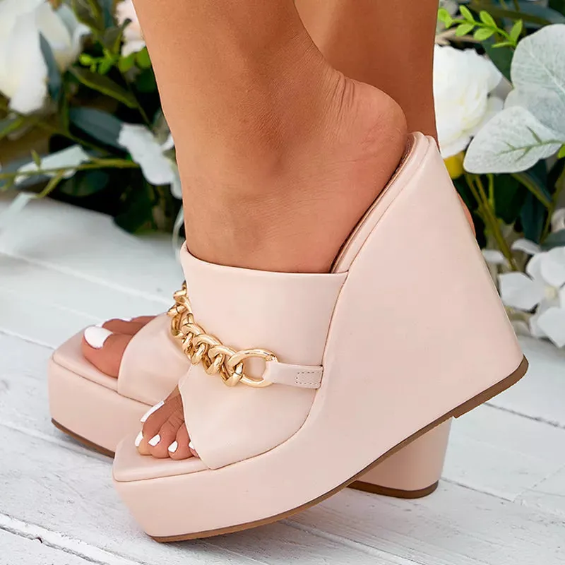 New Leather Red Platform Wedges Slippers Summer Peep Toe Sexy Super High Heels